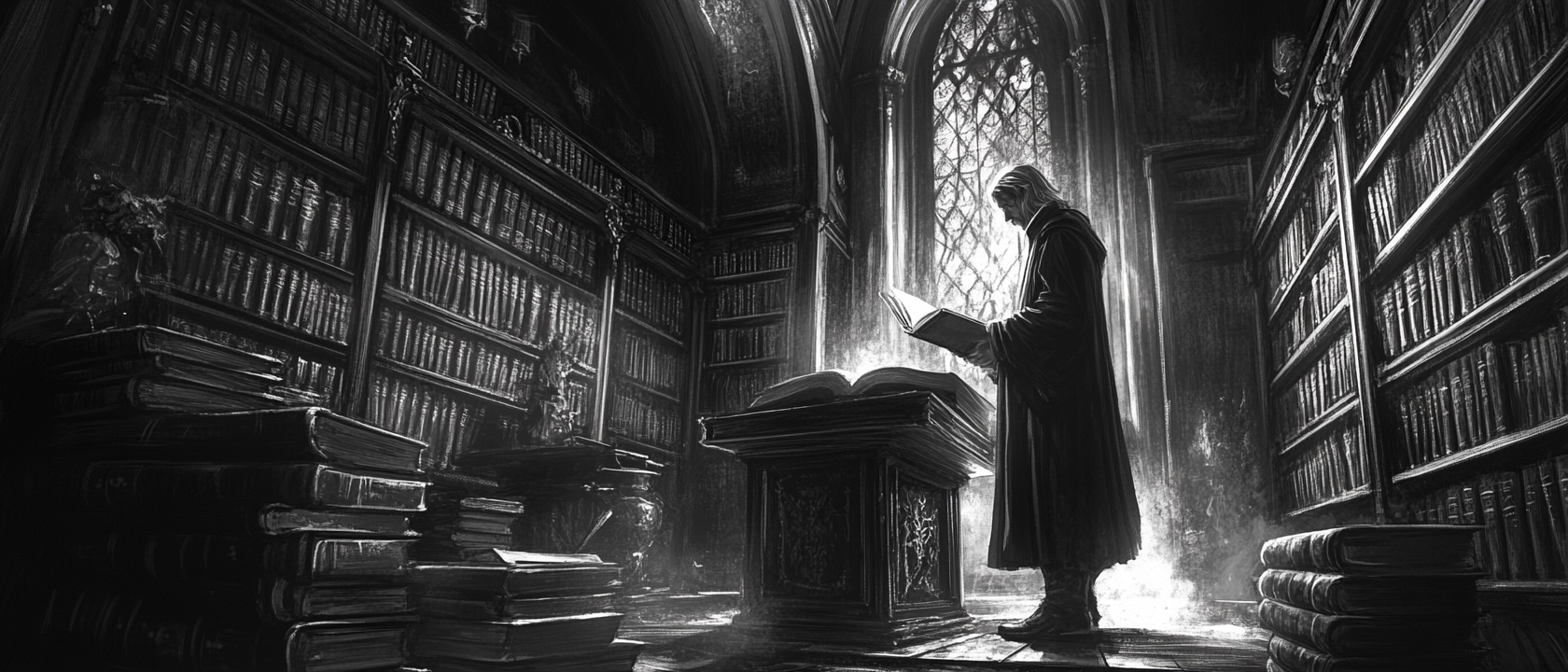 Grimdark fantasy library with barrister